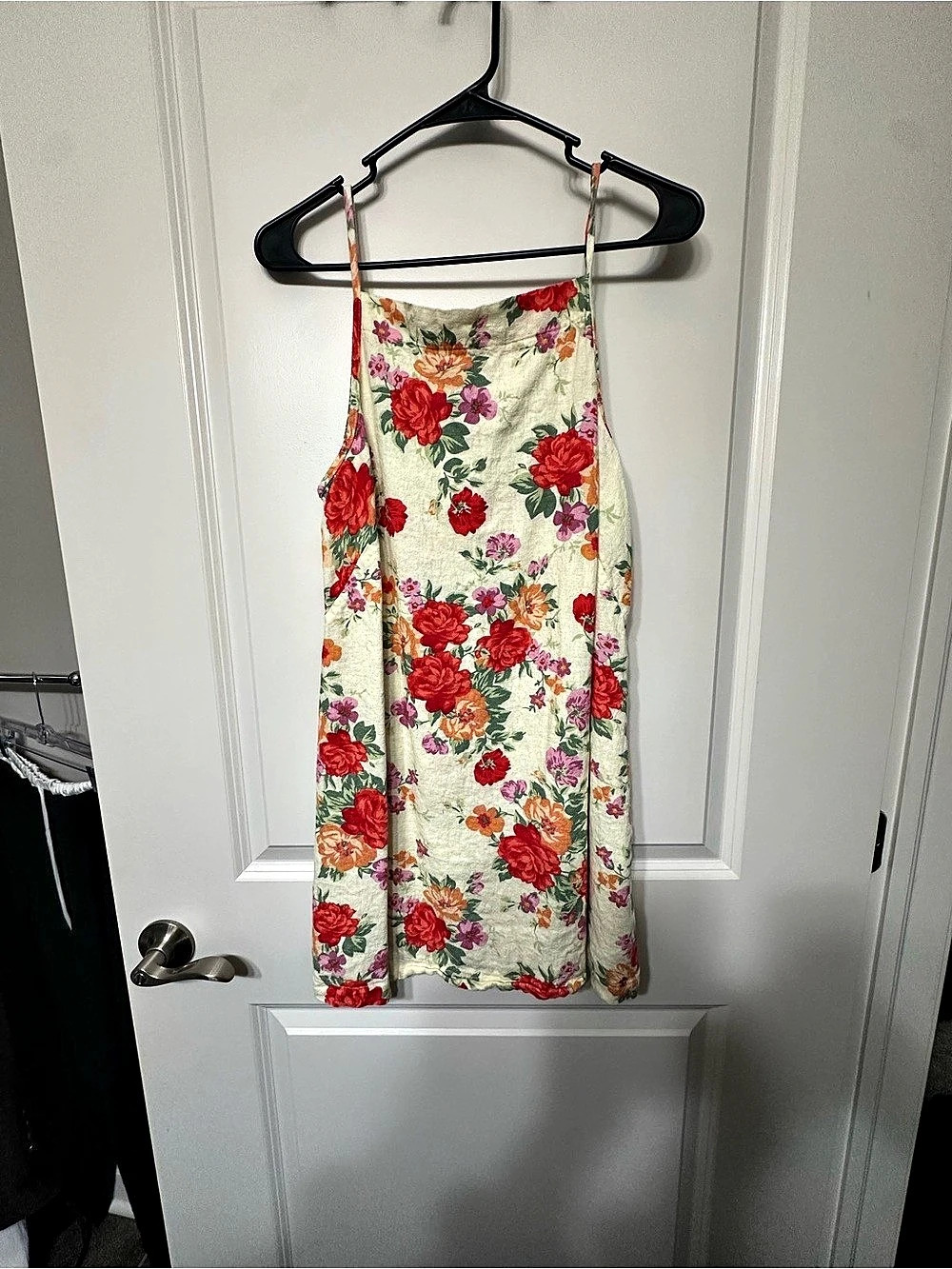 Old Navy Square-Neck Linen-Blend Floral Mini Dress Cream & Red Small